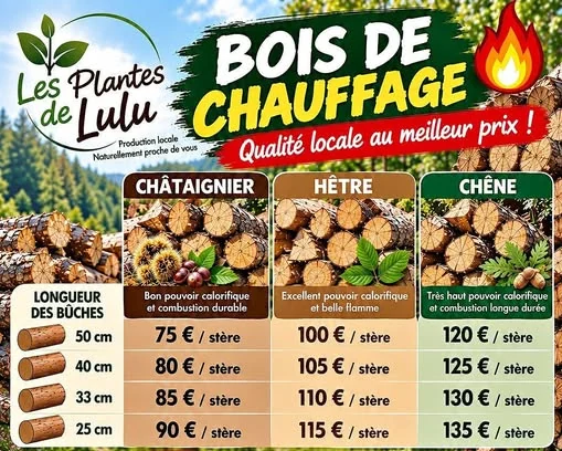 Affiche de Les Plantes de Lulu détaillant bois de chauffage, longueurs et tarifs
